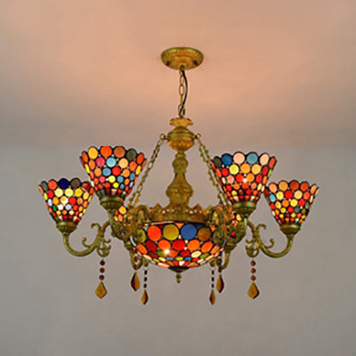 Tiffany Stained Glass Chandelier Light - 7-Light Cone Hanging Fixture with Colorful Circle Pattern for Living Room