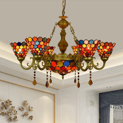 Tiffany Stained Glass Chandelier With Colorful Circle Pattern For Living Room - 7 Light Cone Hanging