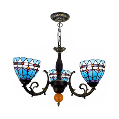 Tulip Pattern Stained Glass Chandelier: 3-Light Bowl-Shaped Hanging Light For Living Room