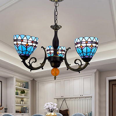 Tulip Pattern Stained Glass Chandelier: 3-Light Bowl-Shaped Hanging Light For Living Room Blue