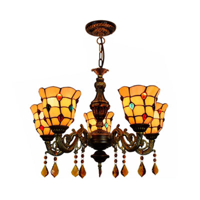 5-Light Stained Glass Chandelier with Bell-Shaped Beige Shade for Foyer