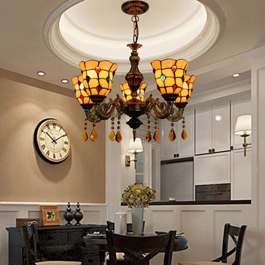 5-Light Stained Glass Chandelier with Bell-Shaped Beige Shade for Foyer