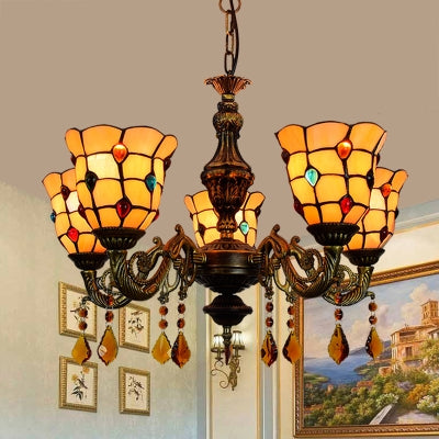 5-Light Stained Glass Chandelier with Bell-Shaped Beige Shade for Foyer