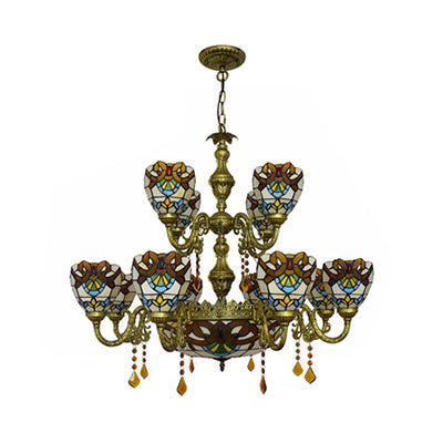 Victorian Stained Glass Crystal Chandelier Light - 15-Lights Domed Hanging Lamp in Brown, Ideal for Living Room