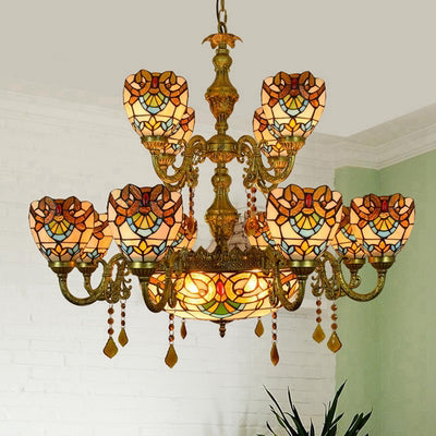 Victorian Stained Glass Crystal Chandelier: 15-Light Domed Hanging Lamp In Brown