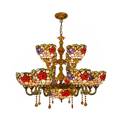 15-Light Tiffany Stained Glass Chandelier with Flower Pattern - 2-Tier Dome Shade Hanging Light for Dining Room