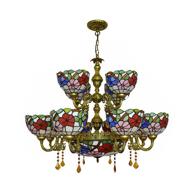 15-Light Tiffany Stained Glass Chandelier with Flower Pattern - 2-Tier Dome Shade Hanging Light for Dining Room