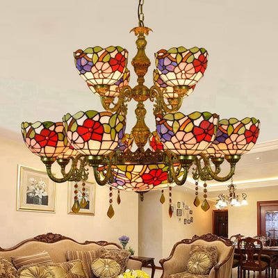 15-Light Tiffany Stained Glass Chandelier with Flower Pattern - 2-Tier Dome Shade Hanging Light for Dining Room