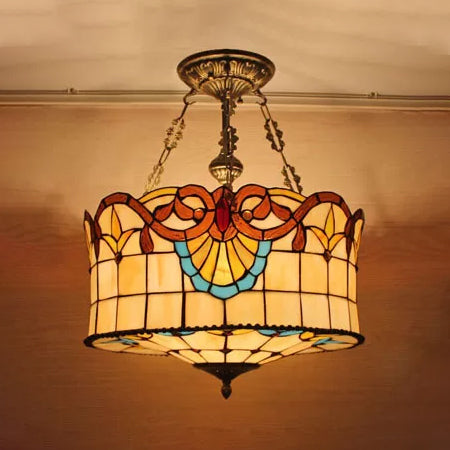 LED Vintage Ceiling Lights: Elegant Semi Flush Mount Lighting with Antique Brass Finish and Stained Glass Shade for your Bedroom