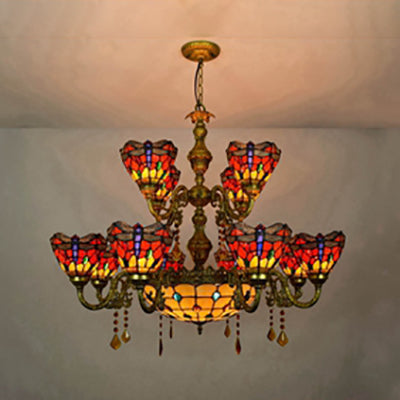 Tiffany Style Stained Glass Dragonfly 13-Light Dome Hanging Lamp - Jewel Inverted Chandelier For