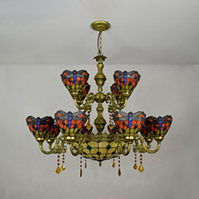 Tiffany Style Stained Glass Dragonfly 13-Light Dome Hanging Lamp - Jewel Inverted Chandelier For