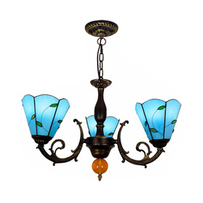 Vintage Industrial Blue Stained Glass 3-Light Chandelier with Leaf Inverted Shade