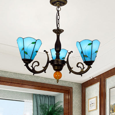 Vintage Blue Stained Glass Chandelier - Industrial Style With 3 Lights And Leaf Inverted Design