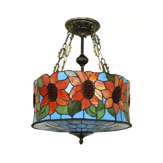 LED Vintage Ceiling Lights: Elegant Semi Flush Mount Lighting with Antique Brass Finish and Stained Glass Shade for your Bedroom