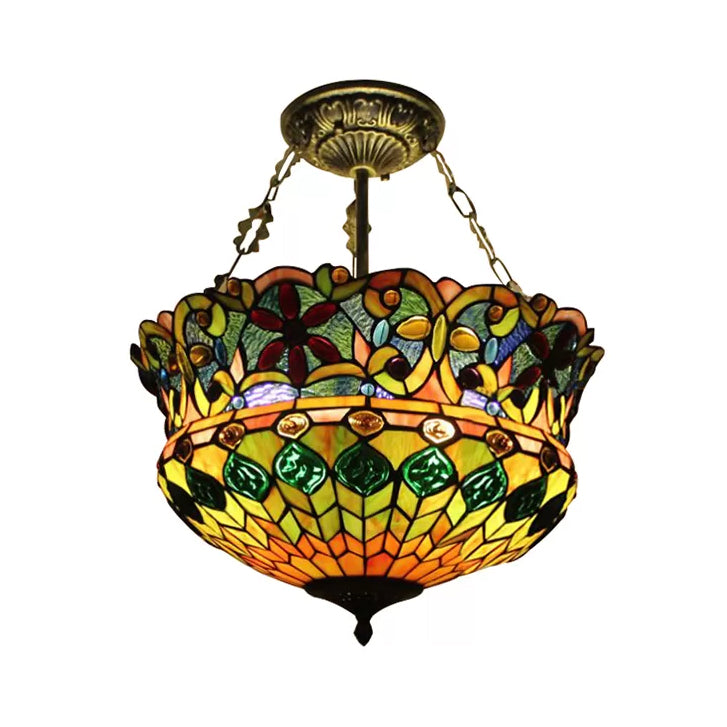 Antique Brass Led Ceiling Light With Stained Glass Shade - Victorian Semi Flush Mount For Bedrooms /