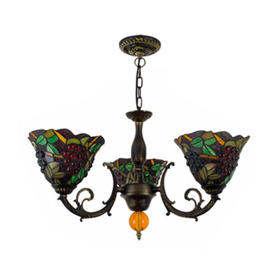 Vintage Stained Glass Chandelier with Multicolored Bell Shades and Grapes Inverted Design - 3 Lights - Industrial Style