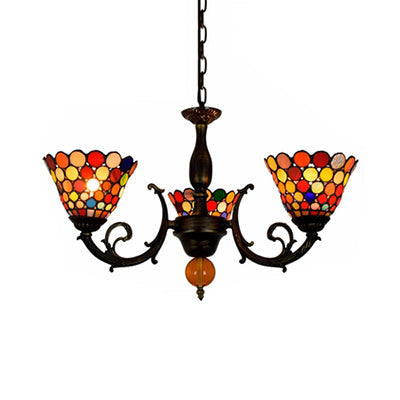 Vintage Stained Glass Bell Suspension Light: Colorful 3-Light Chandelier for Dining Room