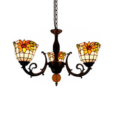 Industrial Vintage Stained Glass Chandelier - Sunflower Inverted Bell Shade, 3 Lights