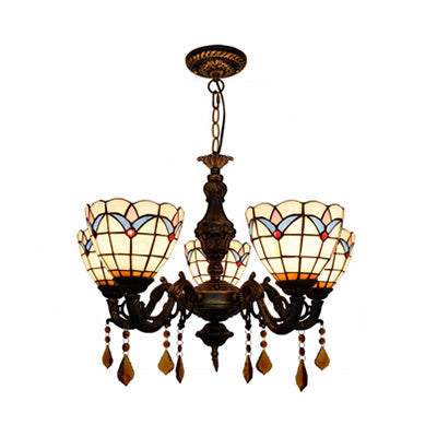 Retro-Style Stained Glass Chandelier With 5 Lights - Domed Inverted Pendant And Tulip Pattern