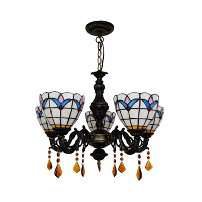 Retro-Style Stained Glass Chandelier With 5 Lights - Domed Inverted Pendant And Tulip Pattern