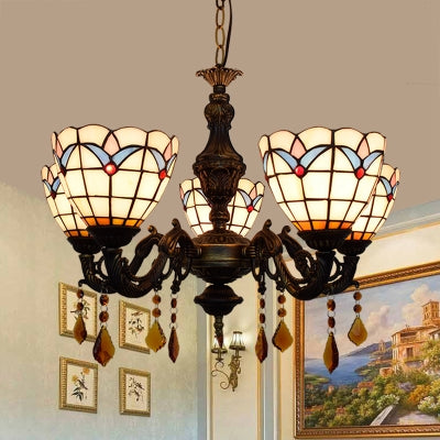 Retro-Style Stained Glass Chandelier With 5 Lights - Domed Inverted Pendant And Tulip Pattern White