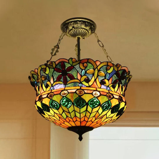 Antique Brass Led Ceiling Light With Stained Glass Shade - Victorian Semi Flush Mount For Bedrooms