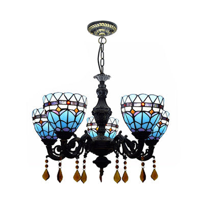 Retro Stained Glass Chandelier Light | Domed Design | 5 Tulip Lights with Crystal Accents in Blue