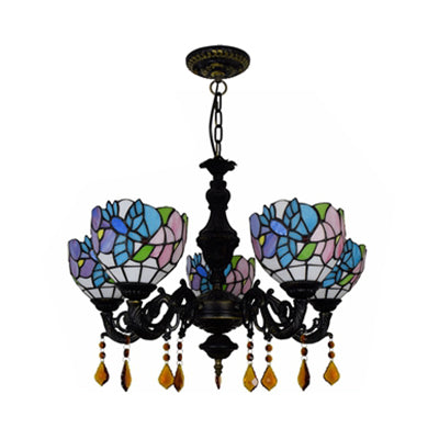 Scalloped Stained Glass Chandelier With 5 Multicolored Heads - Country-Style Hanging Light For