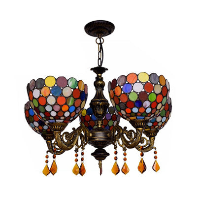 Stained Glass Retro Bowl Chandelier with 5 Hanging Heads for Dining Room Decor