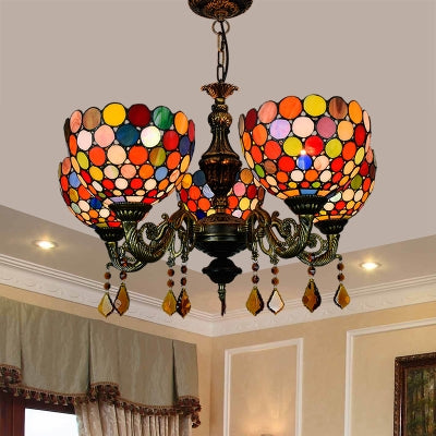 Stained Glass Retro Bowl Chandelier with 5 Hanging Heads for Dining Room Decor