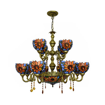 Stained Glass Chandelier with 15 Orange and Blue Heads for Living Room