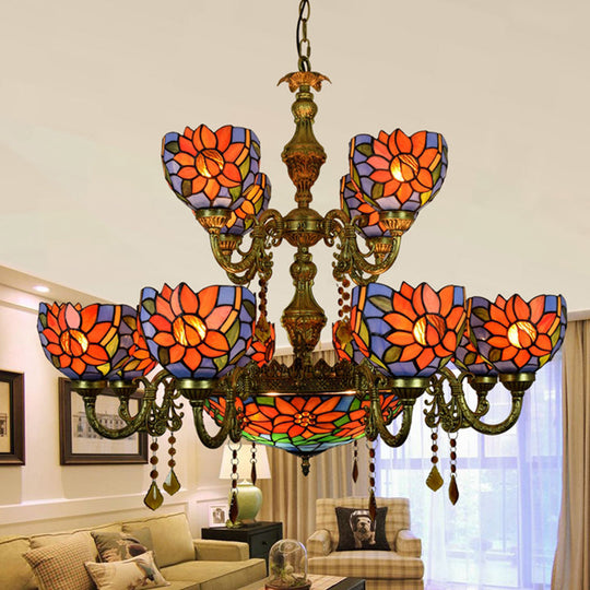 Stained Glass Chandelier with 15 Orange and Blue Heads for Living Room