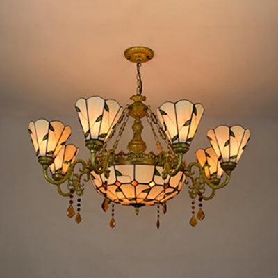 Industrial Vintage Stained Glass Chandelier - 9-Light Hanging Light with Leaf Pattern in Beige