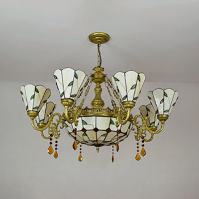 Industrial Vintage Stained Glass Chandelier - 9-Light Hanging Light with Leaf Pattern in Beige