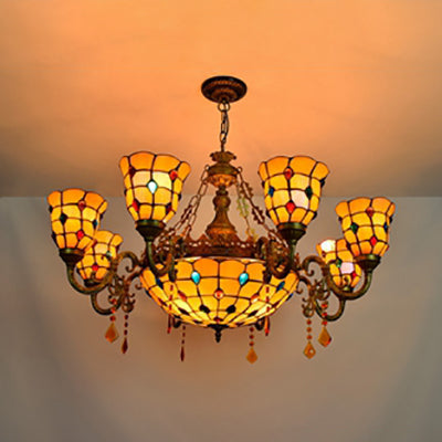 Rustic Stained Glass Chandelier with 8 Arms and Center Bowl, Yellow for Villas