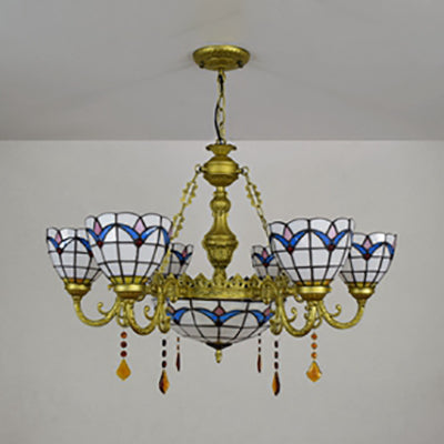 Stained Glass Tulip Chandelier With 7 Heads In Country Bowl Style And Brass Finish For Living Room