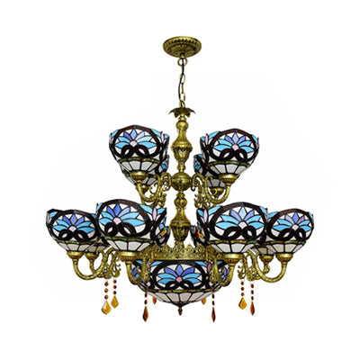 Rustic 15-Head Two-Tier Stained Glass Chandelier In Blue - Perfect For Living Room