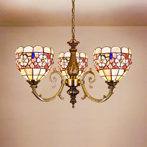 Retro Stained Glass Flower Chandelier Light With Chain - 3 Heads Ideal For Bedroom Lighting