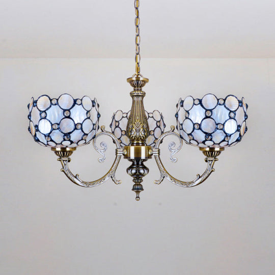 White Tiffany Style Stained Glass Chandelier- 3 Light Bowl Suspension for Living Room