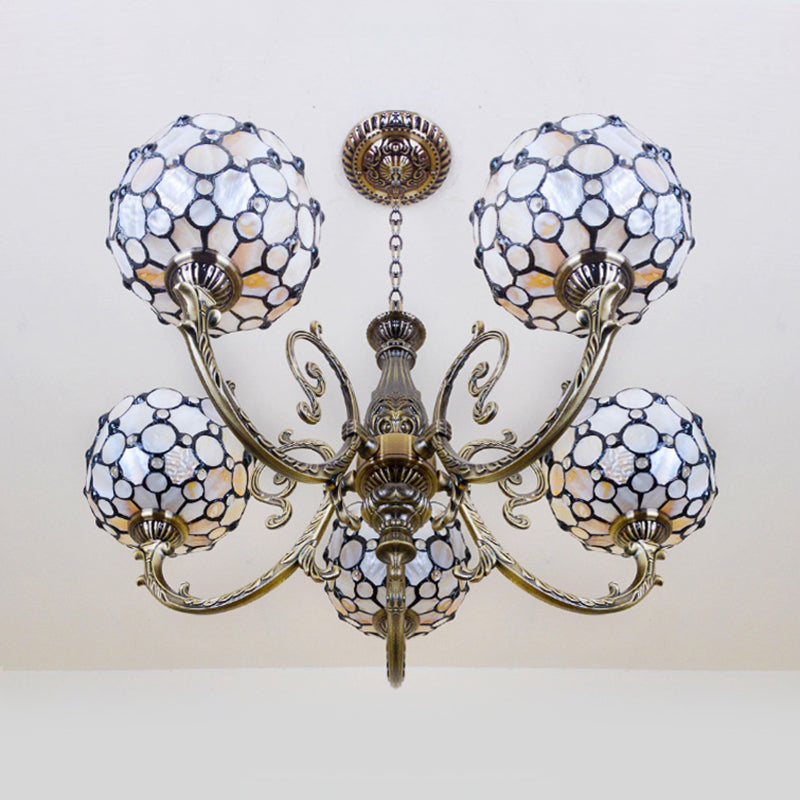 Lodge Bowl Pendant Stained Glass Chandelier - 5-Light White Hanging Fixture with Chain