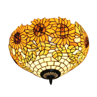 Stained Glass Sunflower Pattern Ceiling Light Fixture – Elegant Tiffany Style with 2 Flushmount Lights for Dining Room