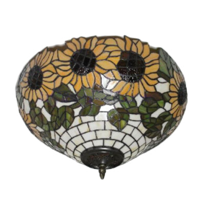 Stained Glass Sunflower Pattern Ceiling Light Fixture Elegant Tiffany Style With 2 Flushmount Lights