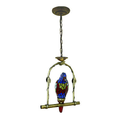 Tiffany Style Blue Stained Glass Parrot Pendant Light With Perch Swing