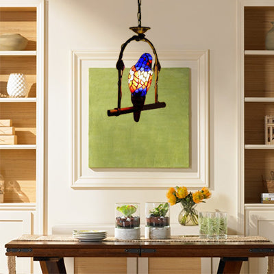 Tiffany Style Blue Stained Glass Parrot Pendant Light With Perch Swing