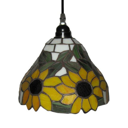 Tiffany-Style Trumpet Hanging Lamp: Yellow Stained Art Glass 1 Head Ceiling Pendant Light