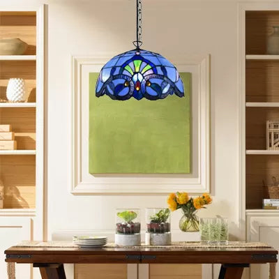 Victorian Style Adjustable 2-Light Hanging Lamp With Art Glass Shade - 16 W Living Room Décor Blue