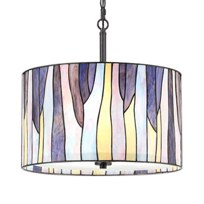 1-Light Tiffany Style Stainless Glass Drum Pendant Ceiling Light - Purple Hanging Lamp for Living Room