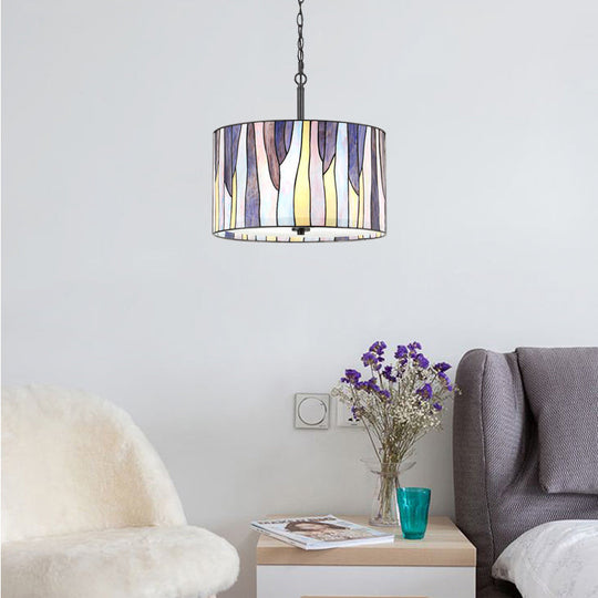 1-Light Tiffany Style Stainless Glass Drum Pendant Ceiling Light - Purple Hanging Lamp for Living Room