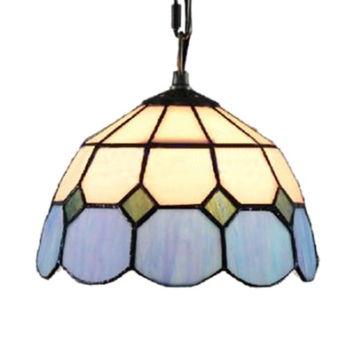 Tiffany-Style Stained Glass Single Bulb Pendant Light In Blue & White Blue-White