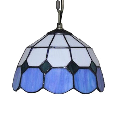 Tiffany-Style Bowl Pendant Light in Blue and White - Single Bulb Stained Glass Hanging Lamp